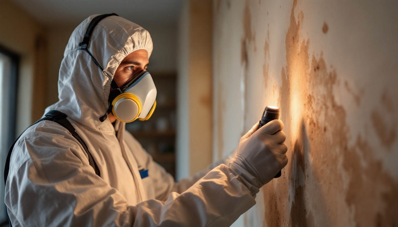 Moisture meter reading elevated levels in a damp wall